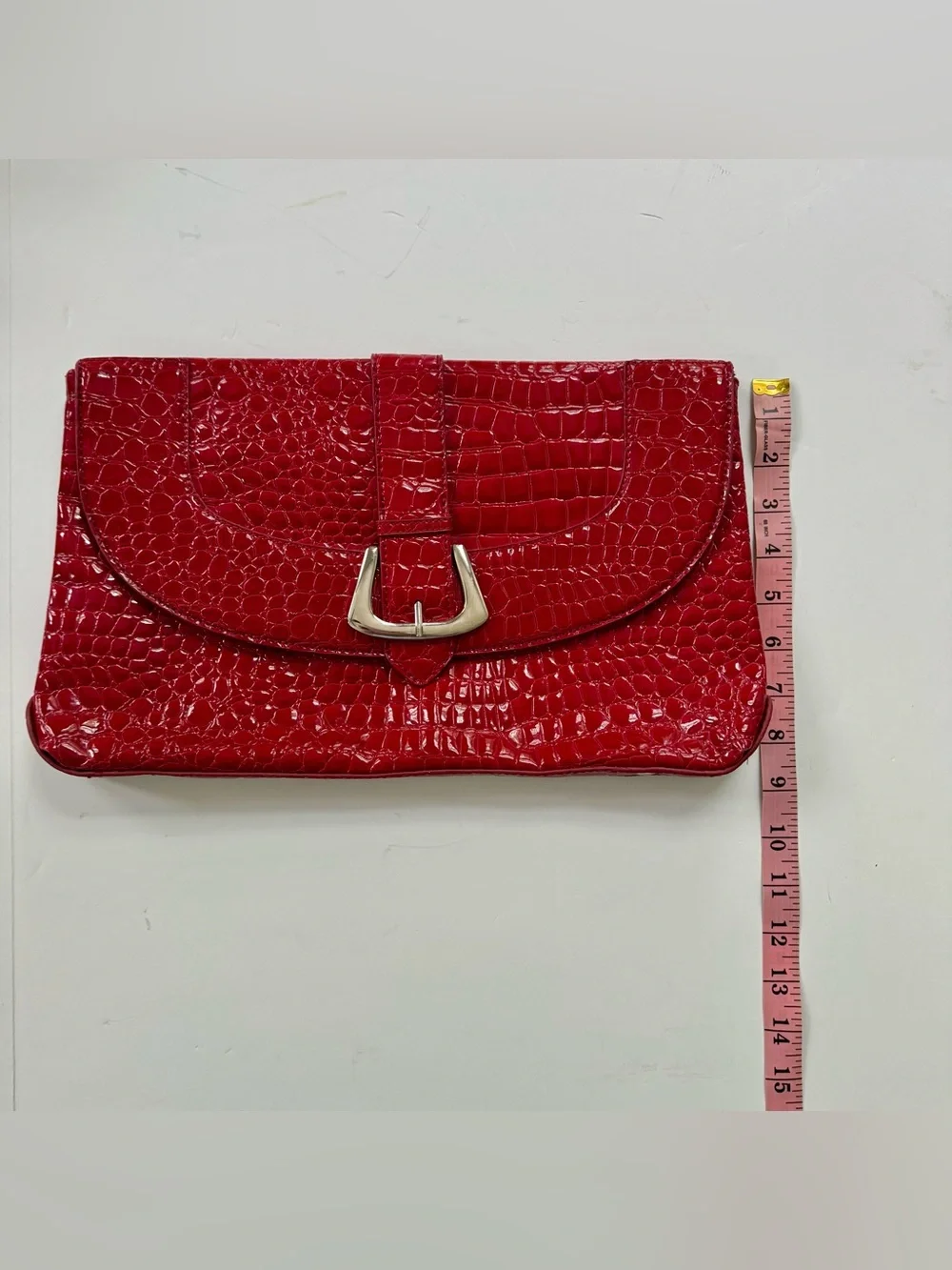 White House Black Market Red Croc-Embossed Clutch with Silver Buckle Accent - Picture 6 of 6